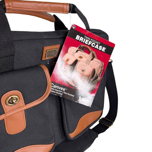 Totes Twin Pocket Briefcase Black Canvas Laptop Expandable New - Picture 5 of 16